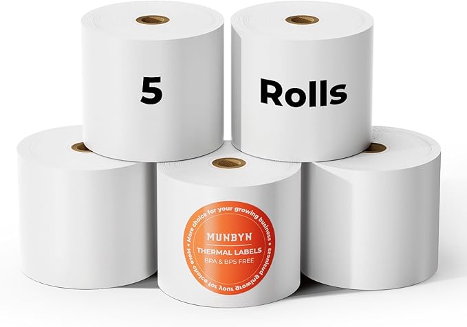 MUNBYN Thermal Paper 3 1/8 x 230ft, 5 Rolls Receipt Paper Work for Star Micronics TSP100 TSP143 Epson 80mm Receipt Printer Square POS Register Credit Card Terminals, Pos Register Paper BPA Free