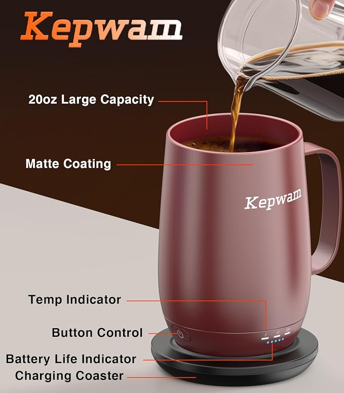 Kepwam Smart Heated Coffee Mug T2-Plus, 20oz Rechargeable Self Heating Coffee Mug with 8-Hour Battery & Temp Control, Perfect Coffee Warmer Gift for Men Women