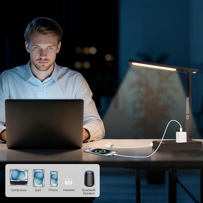 snsok Smart Desk Lamp with Dual USB Charging (Type-C/USB-A) & 2 AC Outlets, Digital Clock, Temperature Display, 5 Color Modes, 5 Brightness, Adjustable - for Office, Bedroom, Dorm Room, Study
