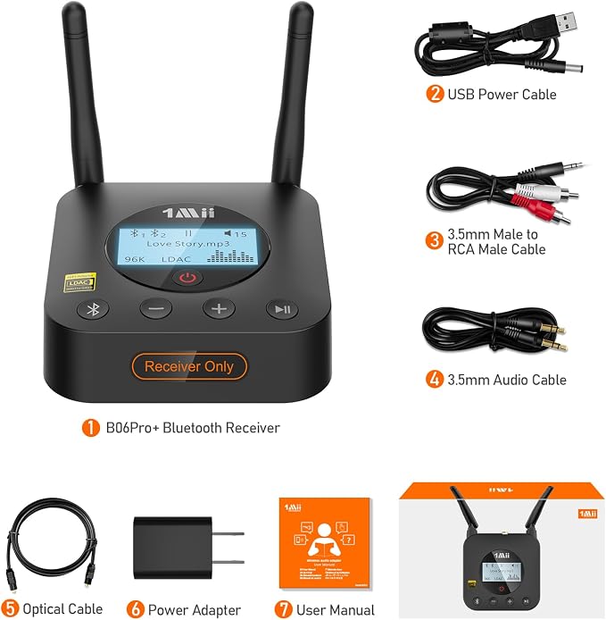 1Mii B06Pro+ Hi-Fi Bluetooth 5.3 Audio Receiver, LDAC Hi-Res Wireless Audio Adapter for Home Stereo w/aptX HD Low Latency, LCD Display, Long Range, Volume Control, 3.5mm AUX Optical Coaxial