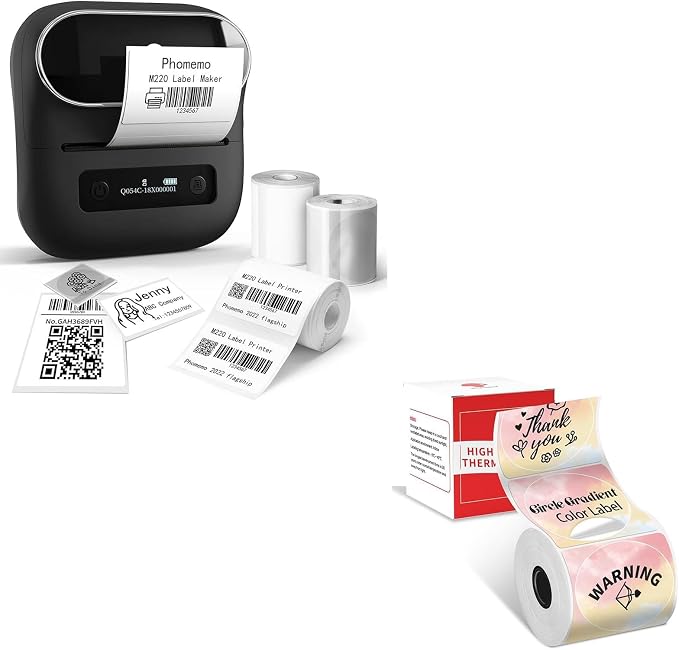 Phomemo M220 Label Maker & 1 Roll Rainbow Gradient Circle Thermal Label, 1.96" x 1.96"（50x50 mm）, Portable Sticker Label Maker Machine for Mailing, Storage, Address, Clothing, Home, Office
