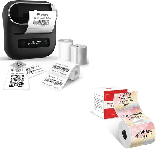 Phomemo M220 Label Maker & 1 Roll Rainbow Gradient Circle Thermal Label, 1.96" x 1.96"（50x50 mm）, Portable Sticker Label Maker Machine for Mailing, Storage, Address, Clothing, Home, Office
