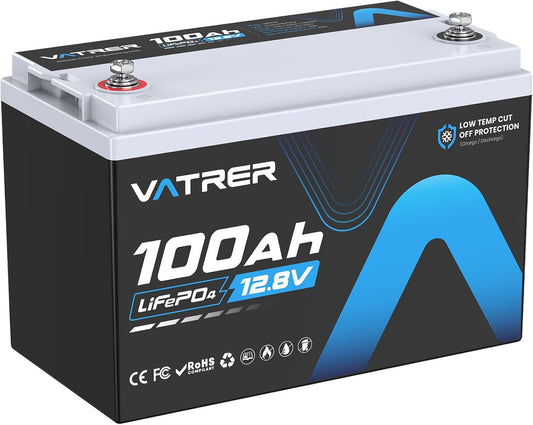 12V 100AH Low Temp Cutoff LiFePO4 Deep Cycle Battery with 1280W, Built-in 100A BMS, 5000+ Cycles Rechargeable Lithium Battery, Perfect for RV/Camper, Marine, Solar, and Off-Grid Applications