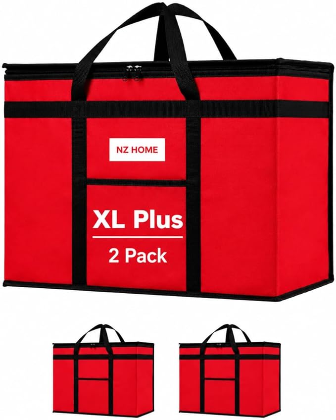 NZ home Insulated Bags for Food Delivery (XL Plus) Grocery Shopping Cooler Bag, Pizza Delivery, Hot & Cold Catering Tote, Reusable, Foldable & Heavy Duty (2 Pack, Red)