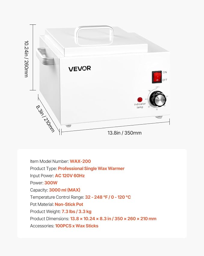 VEVOR Single Wax Warmer, 3000ML 300W Professional Wax Warmer for Hair Removal, 32 ℉- 248 ℉ Adjustable & Non-Stick Waxing Heater Pot with 100PCS Waxing Sticks for Home Use, Beauty Salon, Spa