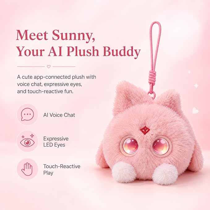 AI Plush Bag Charm, Interactive Voice Chat Companion Stuffed Animals with App-Connected, Expressive LED Eyes, Touch-Reactive Stuffed Toy, Cute Plush Keychain Gift for Teens and Plush Lovers