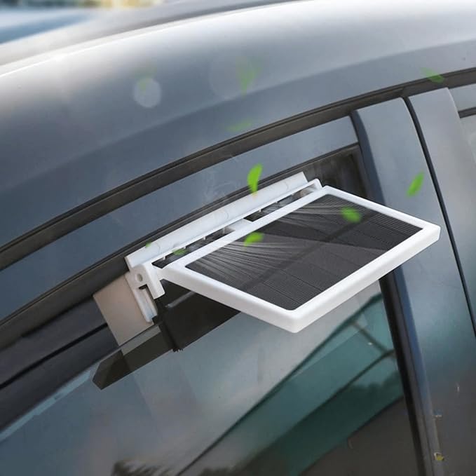 Solar Powered Car Fan, Window Exhaust, Air Vent Radiator, Energy Cooling for Car Backseat or Frontseat, Vehicle Ventilation Fan, White
