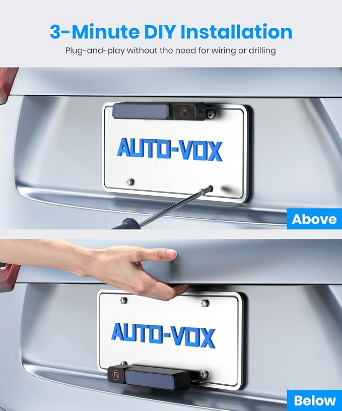 AUTO-VOX Solar Wireless Backup Camera:5" 1080P HD Monitor3-Minute Easy to Install & 5000mAh Battery Powered Back Up Camera System,IP69K Waterproof Wide Angle Reverse Camera for Car Truck Trailer Van