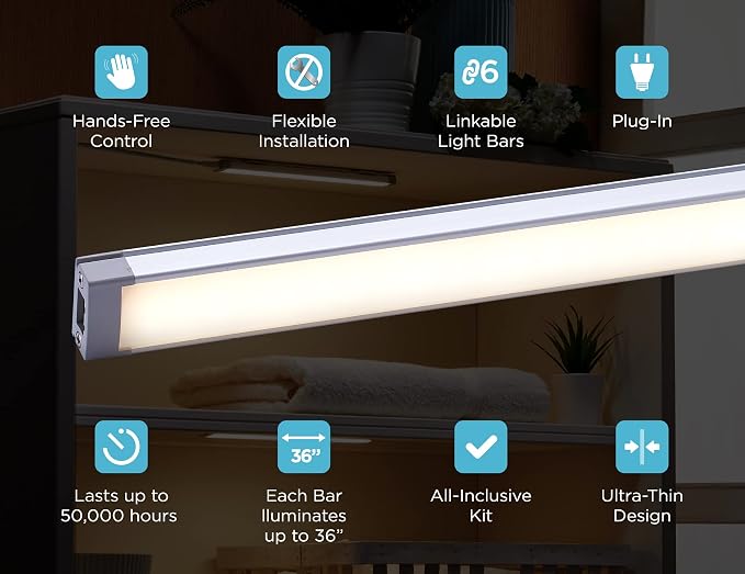 PureOptics LED Under Cabinet Light Kit, Motion Sensor, Dimmable, Linkable, 3 Color Settings, Tool-Free, for Kitchen, Cabinets and Closets, (4) 9" Bars