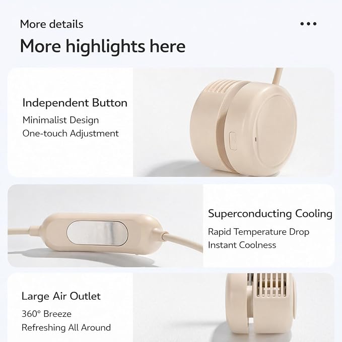 Portable Cooling Neck Fan, Hands Free Wearable Bladeless Fan with 1200mAhx2 Battery, 3 Speeds Quiet Operation, Foldable Hanging Neck Fan for Travel, Office, Outdoor - Beige