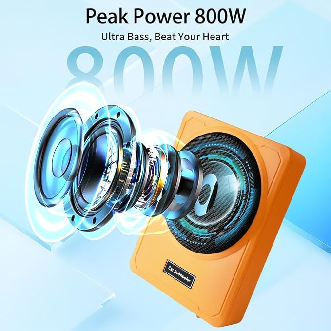 Junsun Slim Under-Seat 10″ 800W Powered Car/Truck Subwoofer & Amp Combo – 220W RMS, Built-in Amplifier, High/Low Input, with Wire Mounting Kit (Vibrant Orange)