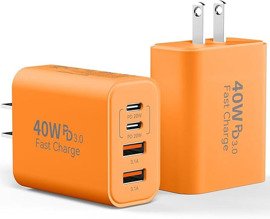 USB C Charger Block, 40W 4 Ports Type C Fast Phone Charging Blocks Cube PD USBC Wall Plug+QC 3.0 USB A Charger Brick Box Power for iPhone 17/16/15/14/13/12 Pro Max, iPad, Galaxy, Pixel, Orange