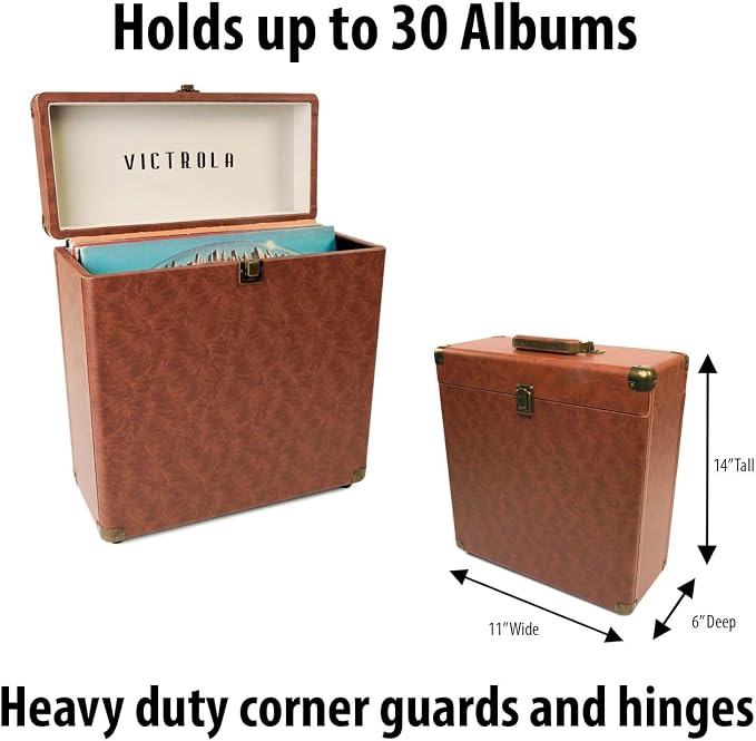 Victrola Collector – Record Storage Case – Holds 30+ Vinyl Turntable Records, Heavy-Duty Hardware, Hinges, & Smart Metal Corners, Portable with Easy-Carry Handle (Brown)