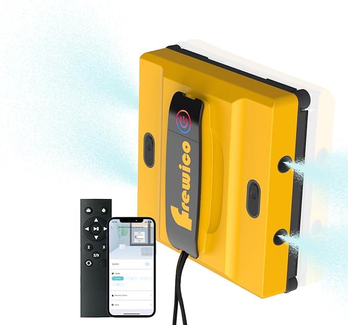 Frewico 8500Pa Frameless Window Cleaning Robot, Smart Glass Cleaner | Features quad-stream spray, 100ml dual tanks, Z/N scrub path, and App/Remote backup.
