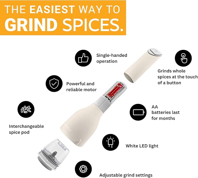 FinaMill Classic Battery Spice Mill – Battery Operated Salt and Pepper Grinder Set, Includes 2 Interchangeable Spice Pods, Adjustable Coarseness, LED Light, Home and Kitchen Gift Set for Father's Day