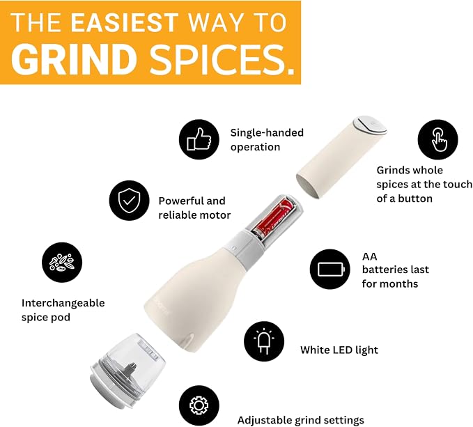 FinaMill’s Award-Winning Battery Operated Salt and Pepper Grinder Set – Adjustable Coarseness, Ceramic Grinding Elements, LED Light, 2 Quick-Change Pods – Perfect for Home Cooking and Gifting