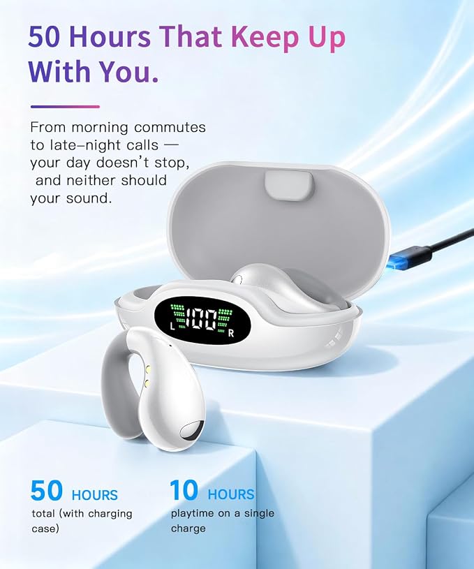 Upgraded Ultra Open Ear Earbuds - Lightweight Comfort Clip-On Wireless Bone Conduction Earbuds, Secure Fit & AI-Powered Clear Calls Bluetooth Open Ear Headphones for Work,Commute,Workout,Running,White
