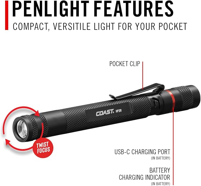 COAST HP3R 500 Lumen Rechargeable LED Penlight with TWIST FOCUS, Black