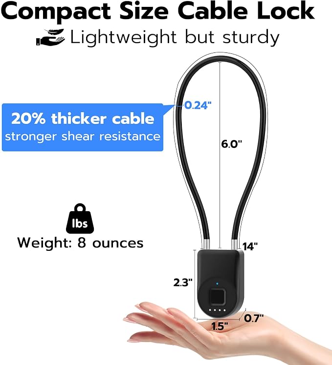 Anweller Fingerprint Cable Lock, 14" Long Shackle Small Padlock, Keyless Entry Biometric Bluetooth Smart Waterproof Combination Pad Lock for Gate Outdoor Fence Fridge Cabinet Locker Pool Bike - Black