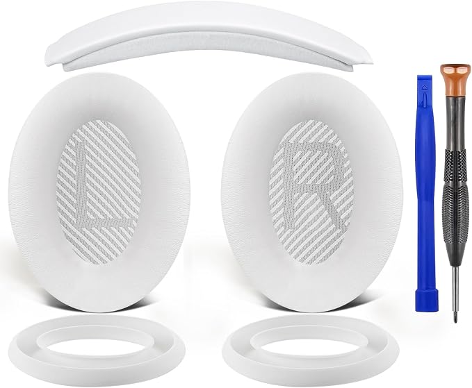 SOULWIT Replacement Kit for Bose QuietComfort QC35/QC35 ii Over-Ear Headphones, Ear Pads Cushions + Headband + Silicone Earpads Cover Protector - White