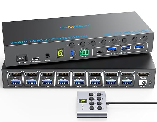 8 Port Displayport KVM Switch 4K@60Hz EDID Simulation, USB3.0 KVM Switch Displayport for 8 Computers Share 1 Monitor and 4 USB Devices,KVM Switches with Audio RS232 Wied Remote 12V Power and USB Cable