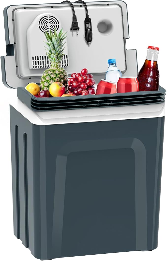 SubSun 27 Quart Electric Cooler and Warmer with Handle, 25L Portable Thermoelectric Fridge for Vehicles & Trucks, 12 Volt Car Fridge Cooler with 12V DC & 110 AC for Camping, Travel & Picnics, Grey