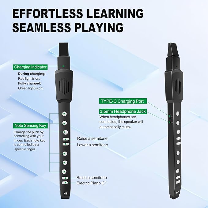 EX Electric Digital Wind Instrument, Electric Saxophone, with 12 Tones, 3 Fingering Modes, 3-Octave Range, Auto Vibrato & Transpose, Bluetooth MIDI & Rechargeable, Black