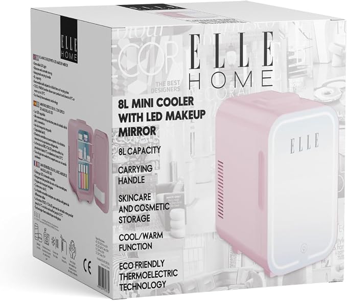ELLE 8L Mini Cooler Fridge with LED Makeup Mirror for Skincare & Cosmetic Storage Cooler & Warmer Removable Shelf Carrying Handle AC DC Power Options Small Refrigerator for Bedroom Car Office Pink
