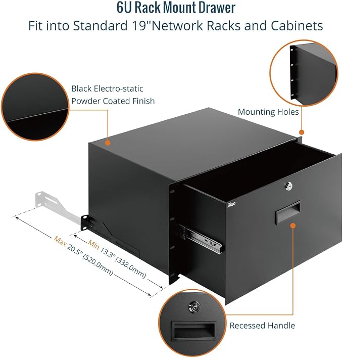 Tecmojo 6U Rack Drawer,Rack Mount Drawer for 19in Network Equipment/Server/AV Rack or Cabinet Enclosure,Sliding and Lockable Server Rack Drawer - Load-Bearing 44lb (20kg),with Cable Management Holes