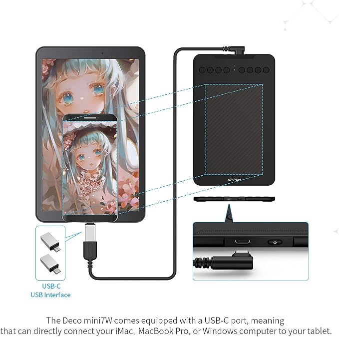 Wireless Drawing Tablet XPPen Deco mini7W Graphic Tablet Pen Tablet with 8192 Levels Pressure, 7 x 4 inch Artist Tablet for Online Teaching/E-Learning Compatible with Window/Mac/Android/Chrome/Linux