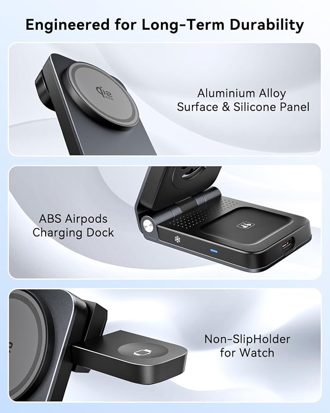 CloudValley 3-in-1 Magnetic Travel Wireless Charging Station, 25W Foldable Charging Stand with TEC Active Cooling Fan, Design for MagSafe iPhone 17/16, AirPods & Apple Watch（Adapter Included