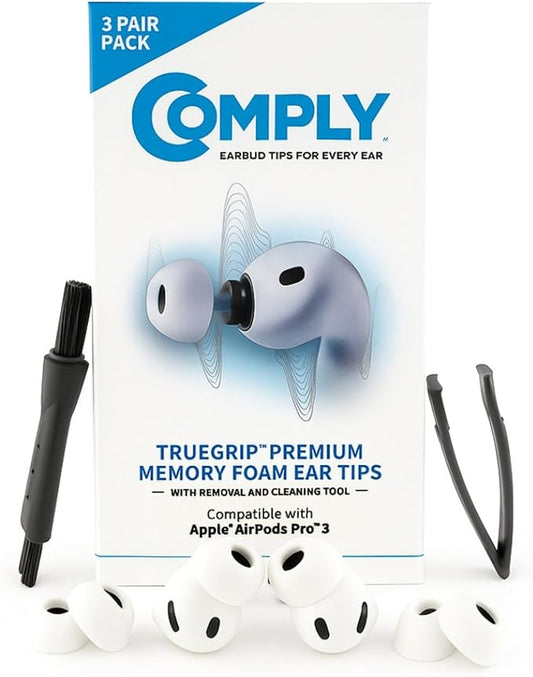 Comply TrueGrip | Premium Memory Foam Replacement Earbud Tips for Apple AirPods Pro Gen 3 | Long Lasting Comfort, Secure Fit, Superior Noise Isolation| White (Medium) (3 Pairs)