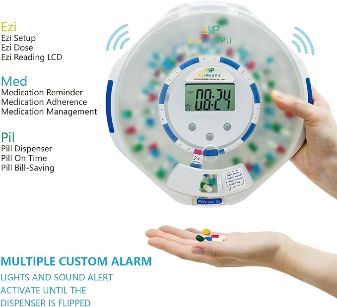 EziMedPil Bluetooth Automatic Pill Dispenser with Frosted Privacy Lid | Tracks Adherence History for Dementia & Chronic Disease Seniors, App & On-Device Setup, Sound-Light Reminders, 9 Daily Alarms