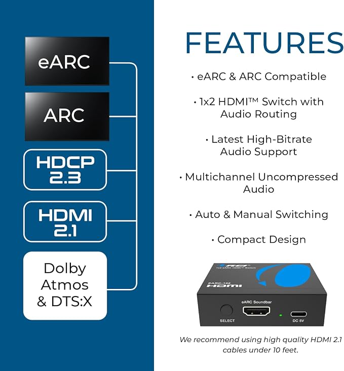 OREI eARC/ARC HDMI 2x1 Audio Switch – Connect One Soundbar/AV Receiver to Two eARC TVs, Supports Dolby Atmos, DTS:X, TrueHD, 32-Channel Audio, Auto/Manual Switching, Heavy-Duty Metal Housing