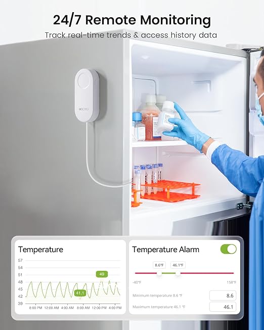 MOCREO WiFi Thermometer Freezer Alarm, Email Alert, App Notification, Data Record Export, No Subscription Fee, 2 Remote Wireless Temperature Sensors for Refrigerator, Freezer, Hot Tub
