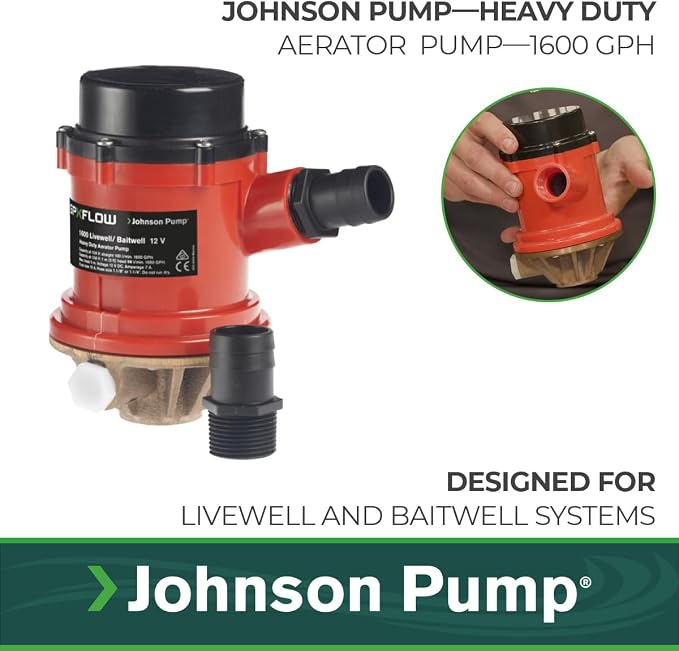 Johnson Pumps 166004B PRO Series 1600 GPH Livewell/Baitwell Aerating Pump, 12V (16004B), Bronze