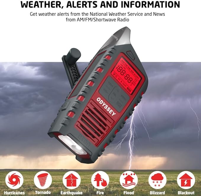 Eton Odyssey Hand Crank NOAA Weather Radio, All Band Emergency Radio, AM/FM Shortwave Storm Radio, Bluetooth, Phone Charger, RDS, Solar, Multi-Function Flashlight, Camping, Hiking
