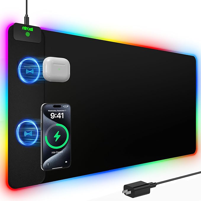 RGB Desk Mat with 15W Fast Charging, Mouse Pad Wireless Charging Large Gaming Mousepad for Desk Pad Waterproof Non-Slip