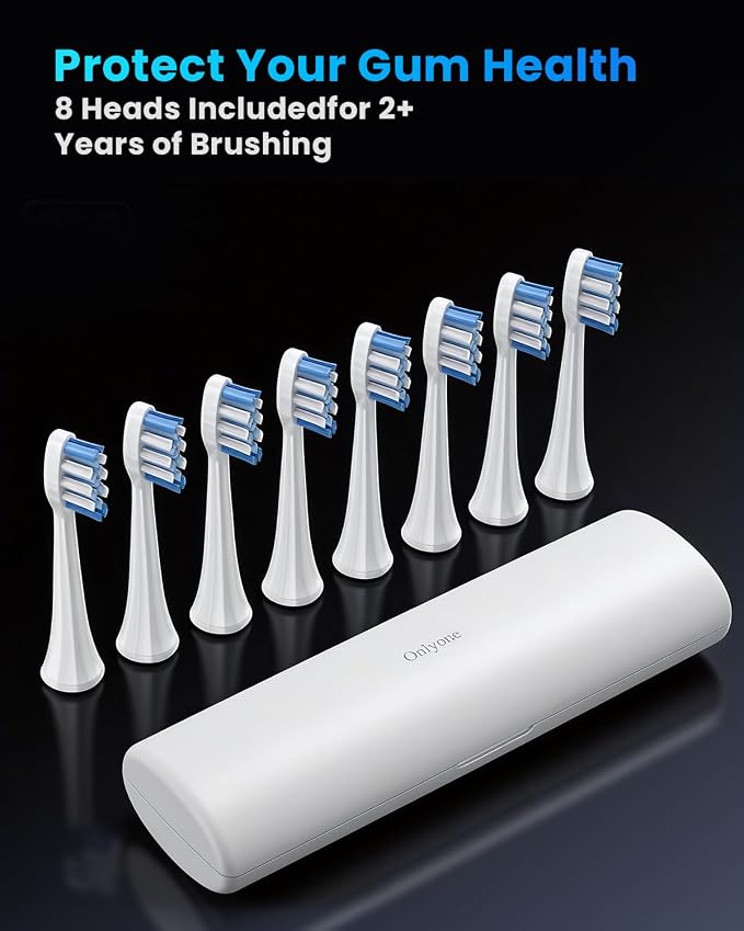 Onlyone Electric Toothbrush for Adults, Rechargeable Electric Toothbrush with 8 Brush Heads, Travel Case, Charging Base & Wireless Charging - 5 Modes with Smart Timer, White