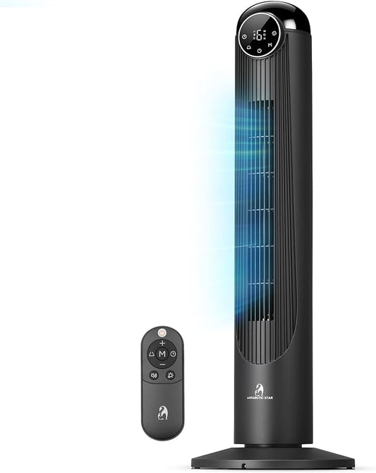 Antarctic Star T36 Tower Fan-36 Inch, Bladeless Oscillating Fan with Remote, 6 Speeds & 4 Modes, LED Display, 9H Timer, Quiet Floor Standing Fan for Bedroom Living Room Office, Black