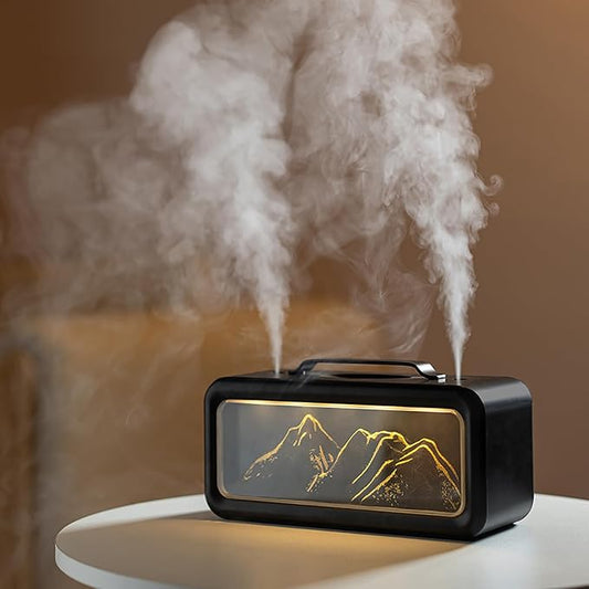Double Spray Humidifier, 600ML Snow Mountain Small Quiet Cool Mist Humidifier for Plants Dorm Room Bedroom Office Home Personal Humidificador with 2 Mist Modes & 3 Modes Night Light