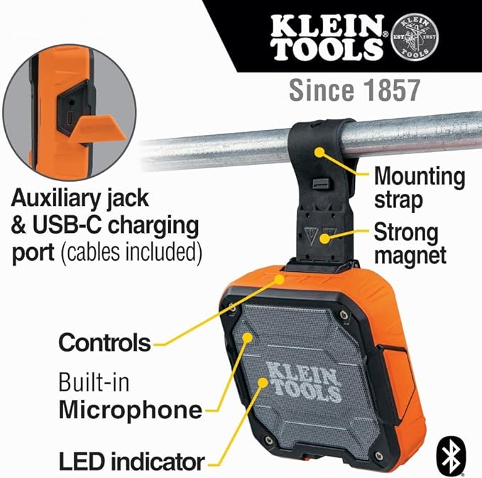 Klein Tools 29601 Magnetic Power Strip with Surge Protector, Extension Cord & AEPJS2 Bluetooth Speaker with Magnetic Strip and Hook, Rechargeable