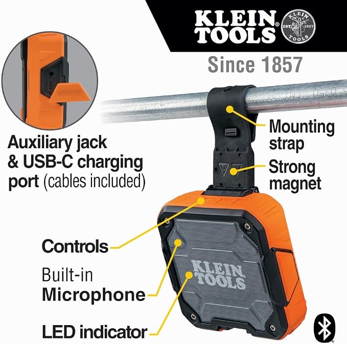 Klein Tools AEPJS2 and AEPJS1 Bluetooth Speakers With Magnetic Strip, Hook, Wireless Portable Jobsite Audio, Hands-Free Calls, IPX5 Waterproof, Worksite Ready