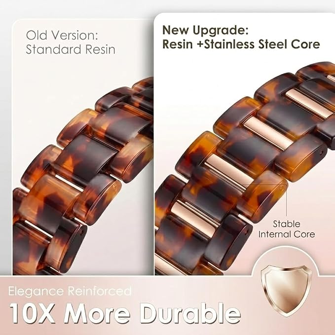 V-MORO Resin Band Compatible with Apple Watch 42mm 41mm 40mm 38mm,Fashion Lightweight Bracelet with Polished Rose Gold Stainless Steel Inlay for iWatch Series 11/10/9/8/7/6/5/4/3/2/1/SE,Tortoise Shell