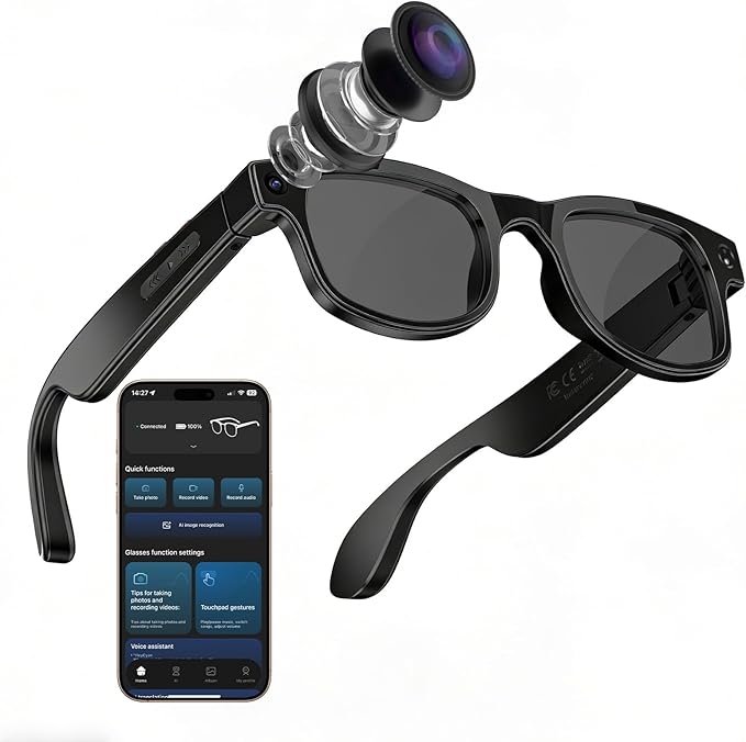 CJkao Smart Glasses with Camera, HD Camera Glasses, Video Recording, Voice Assistant Control Bluetooth Music ai Glasses for Teenager Men Women (G2-Black)