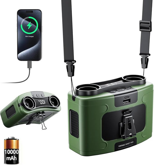 Doublepow 10000mAh Portable Waist Fan, Personal Dual Waist Fan, Clip On Belt Hanging Neck, Dual Motor 20H&10 Speed 16000RPM Strong Airflow, USB Rechargeable Fans, for Outdoor Work Travel(K60-Green)