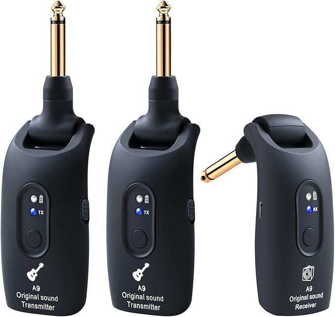 A9 Wireless Guitar System 2.4GHz Built-in Rechargeable Lithium Battery 270°Rotate Audio Wireless Transmitter Receiver for Guitar Bass Violin Keyboard Electric Instruments (IK-L0AM-OVFE)