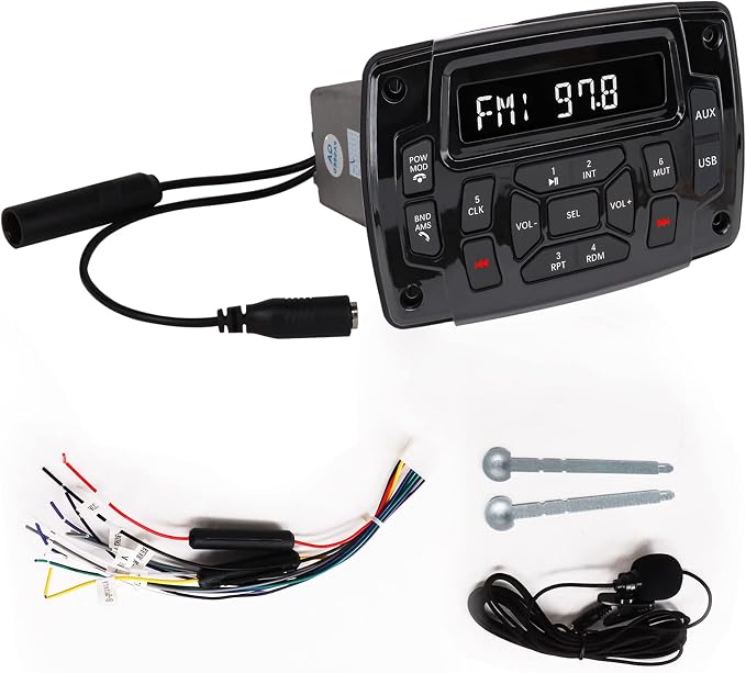 Marine Stereo Audio Radio Bluetooth Car Stereo Receivers Waterproof Player MP3 Boat Media with AM/FM Music Radio USB Input for Golf Cart Motorcycle UTV Head Unit Sound System