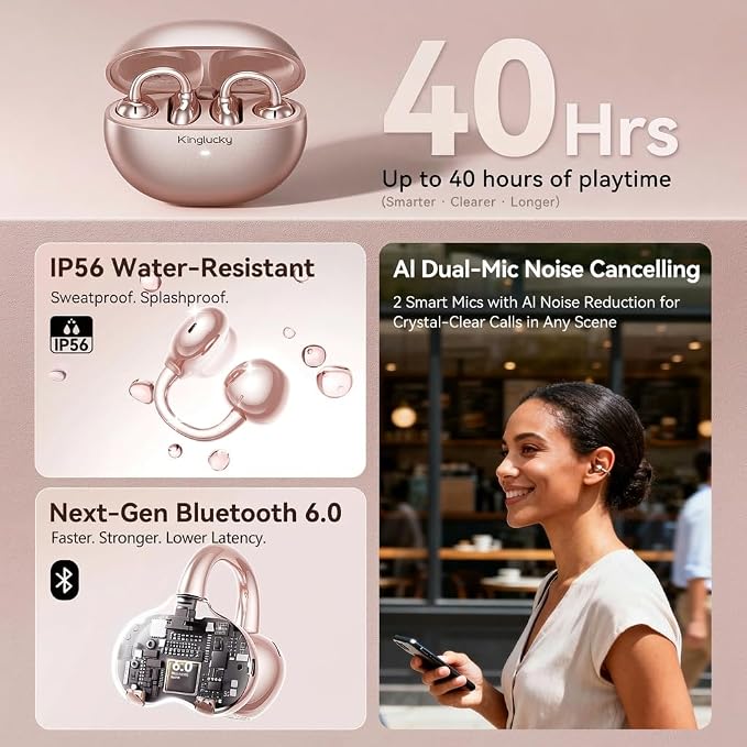 Kinglucky Upgraded Clip-On Earbuds Bluetooth 6.0 Wireless Headphones Open Ear Buds Comfortable Fit & Crystal-Clear Sound, 40H Playtime for Women & Kids Ideal for Small Ears, Sports, Glasses Rose Gold