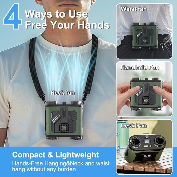 Portable Waist Fan, 12000mAh Rechargeable 100-Speed 6600RPM Dual Air Outlet Strong Airflow with Flashlight, 30H Runtime Hanging Neck Fan Wearable Belt Fan for Camping, Outdoor, Jobsite, Traveling
